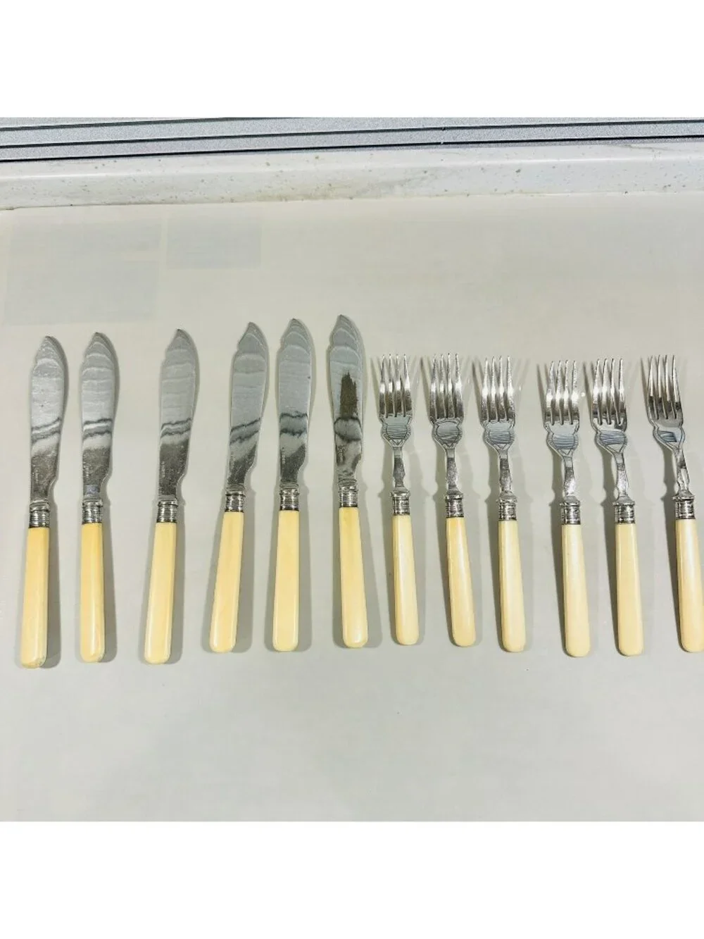 Sheffield EPNS Plated Set 6 Fish Forks & 6 Knives Celluloid Handles Antique UK
